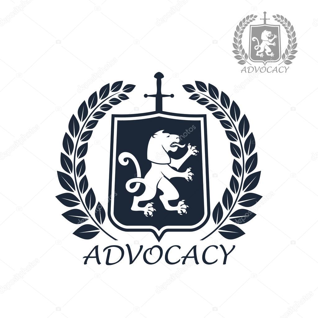 Advocacy and lawyer or attorney icon. Legal juridical assistance emblem. Badge for law and counsel service company or office. Vector isolated badge of heraldic lion sign on shield and laurel wreath