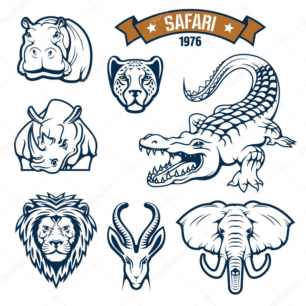 Hunting club emblems. African safari hunt animals vector isolated icons of lion, cheetah panther or leopard, antelope, alligator crocodile, elephant, hippopotamus and rhinoceros. Vector signs, badges