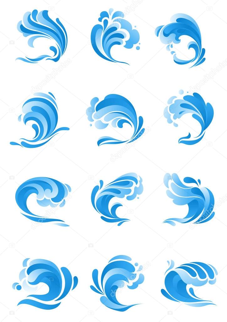 Waves icons. Vector isolated symbols of ocean or sea blue water wave in form of splashes, stormy curling sea waves, tide water rollers, foamy stormy curls, wavy flows with surfing gales for badges or