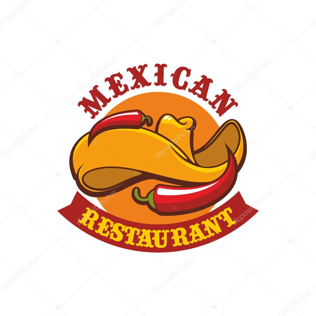 Mexican restaurant sign. Vector isolated emblem with icons of sombrero hat and hot spicy chili pepper jalapeno. Badge for mexican burrito fast food or tacos snack bar, traditional authentic mexican