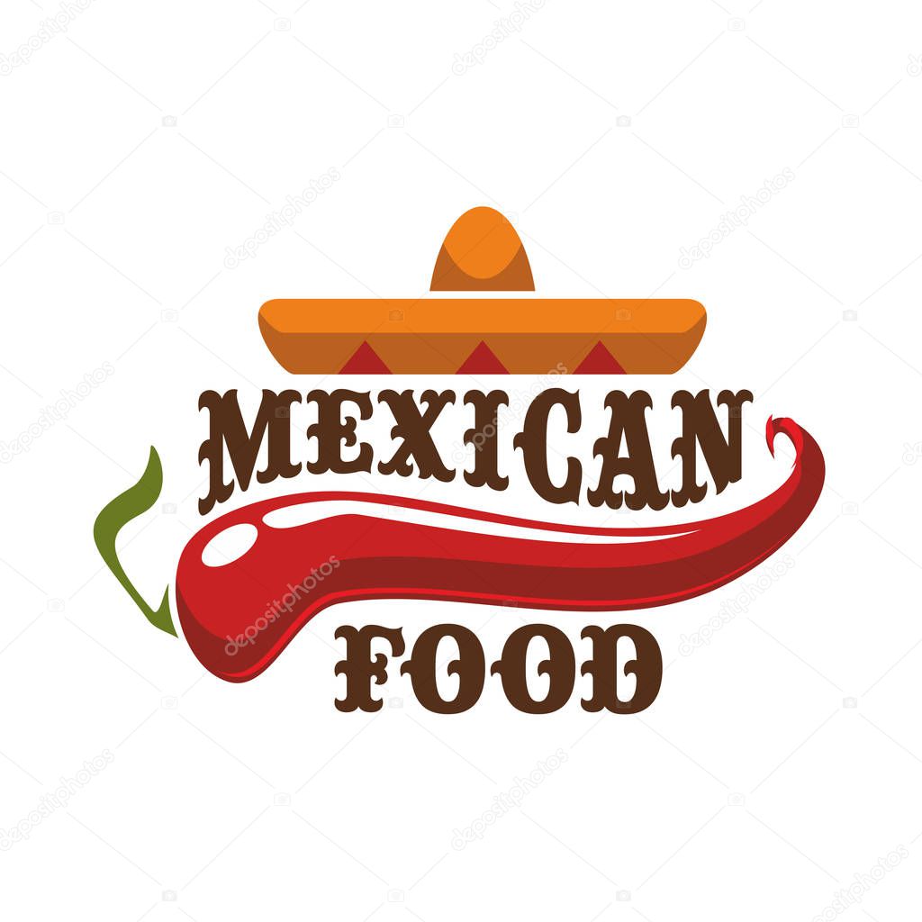 Mexican spicy and hot traditional food icon. Badge for mexican burrito fast food, tacos snack bar or authentic mexican restaurant menu. Vector emblem with sombrero hat and red hot spicy chili pepper