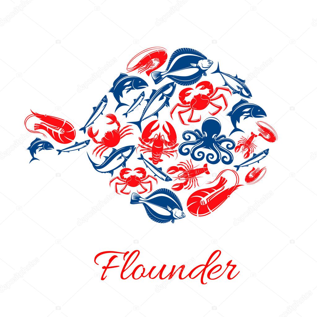 Seafood poster in shape of flounder fish symbol