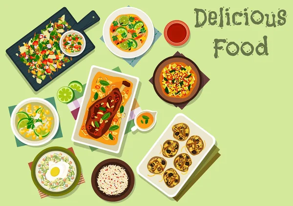 Pikantne potrawy kuchni indyjskiej obiad ikony — Wektor stockowy
