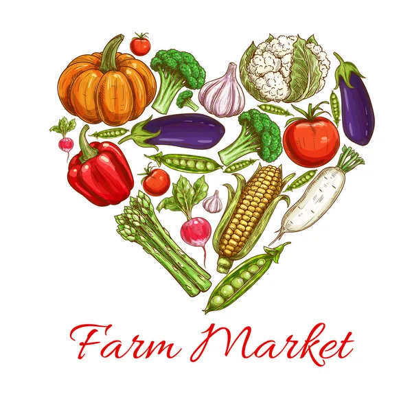 Καρδιά της λαχανικά αφίσα για το σχεδιασμό της αγοράς γεωργικών — Διανυσματικό Αρχείο