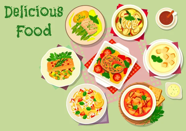 Icona di verdure e piatti di pesce per la progettazione del menu — Vettoriale Stock
