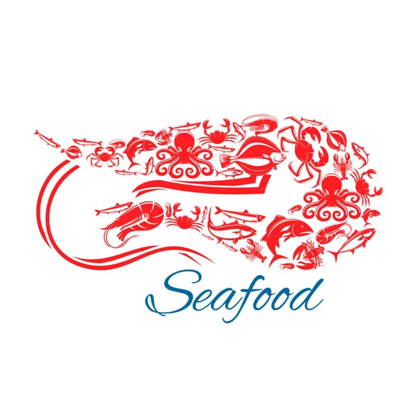 Cartel o símbolo de mariscos en forma de camarón — Vector de stock