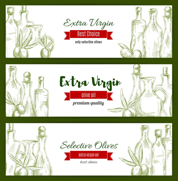 Оливкові банери ескіз маслин та пляшок олії — стоковий вектор