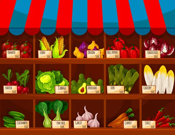 Loja de vegetais stand vitrine com legumes —  Vetores de Stock