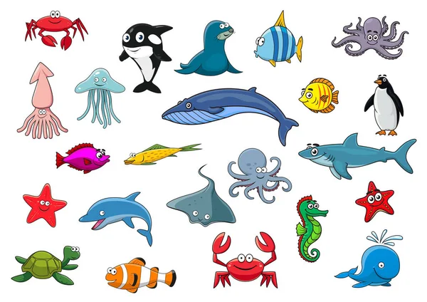 Cartoon havet fisk och ocean djur vektor ikoner — Stock vektor