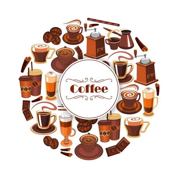 Koffie vector poster van espresso, latte warme dranken — Stockvector