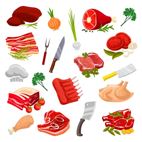 Slagerij vlees, slager winkel producten vector icons — Stockvector