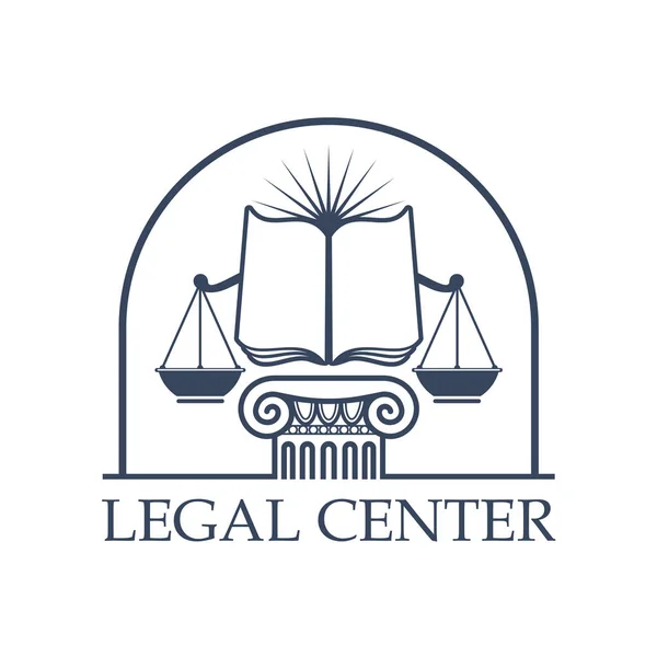 Legal Center Scales of Justice, law open book icon — Stock Vector