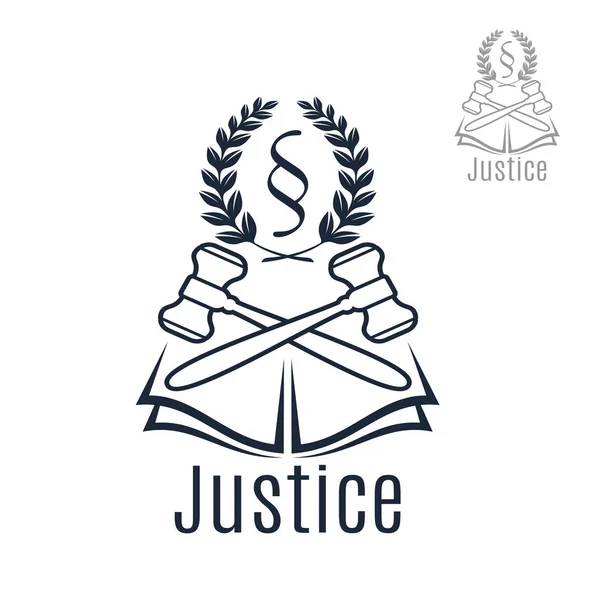 Justiça emblema vetor legal de martelo, grinalda, livro — Vetor de Stock
