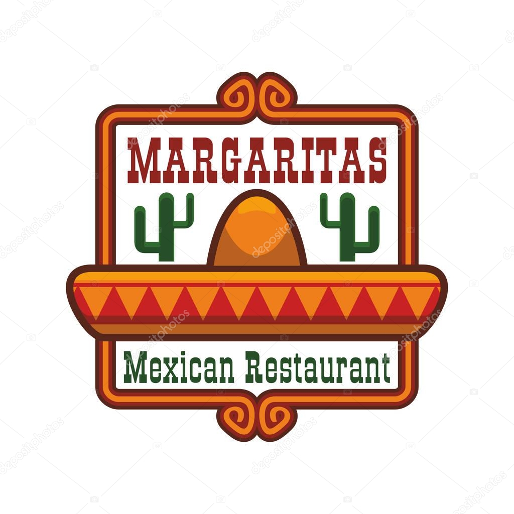 Mexican cuisine emblem. Vector isolated icon or badge of traditional mexican sombrero hat, agave or cactus peyote. Sign for Mexico fast food of tacos and burritos snacks, tequila drink bar or
