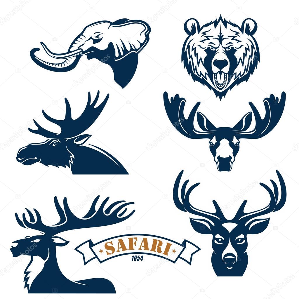 Hunting club emblems and icons set. Safari hunt adventure badges with animals heads of isolated icons of elephant, grizzly bear, elk or deer antler and reindeer. Vector isolated signs, ribbon for