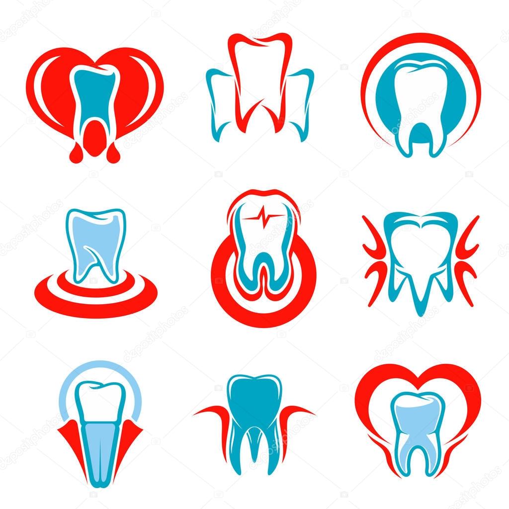 Dentistry emblems set of tooth icons. Vector isolated teeth symbols for dentist or stomatologist clinic, dental office. Signs of healthy tooth and gum with heart for stomatology and odontology, tooth