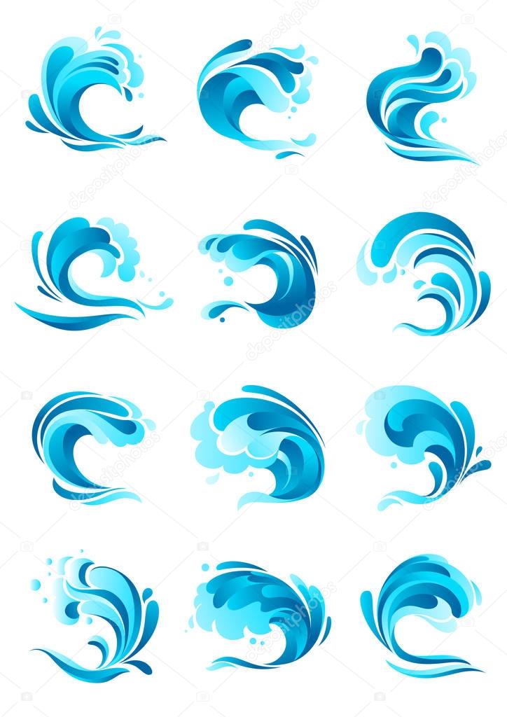 Waves, water splashes vector icons set