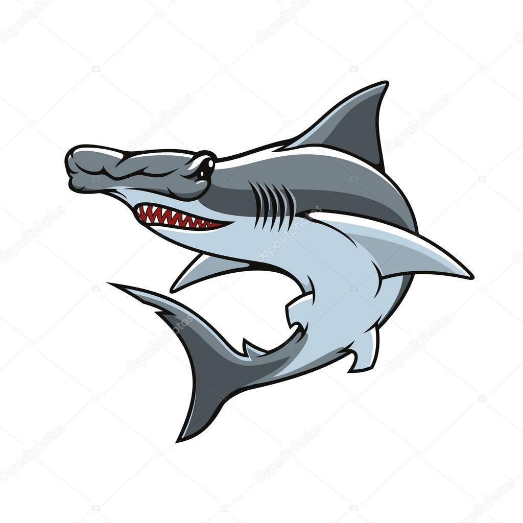Hammerhead vector icon or mascot. Shark hammer head or winghead isolated symbol of sea or ocean toothed predatory fish with unusual head shape for sport team emblem, fishing sign or fishery industry