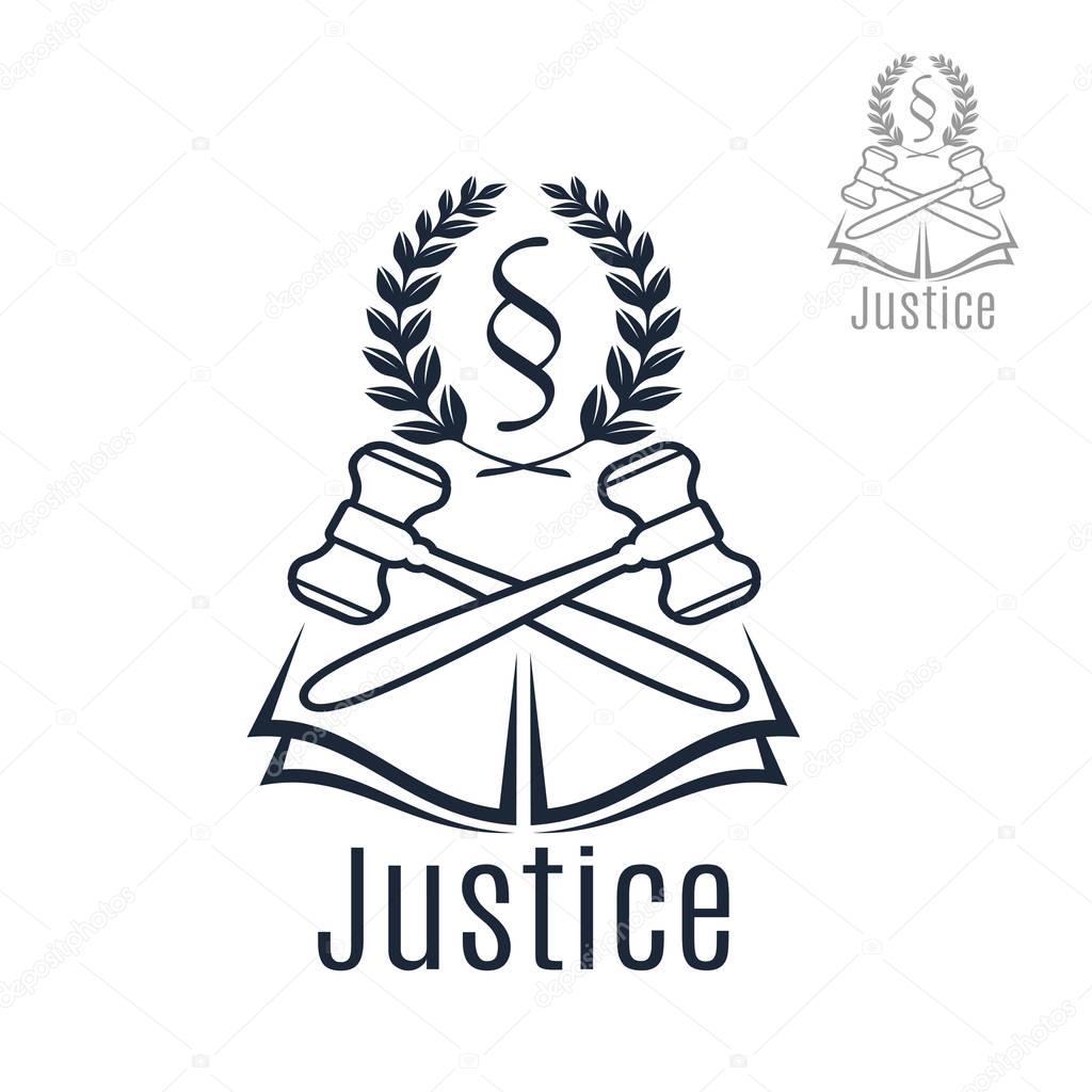 Law icon of judge gavel, heraldic laurel wreath and justice legal code silcrow section sign or paragraph symbol on open book. Lawyer or advocate emblem for law attorney or advocacy office, juridical