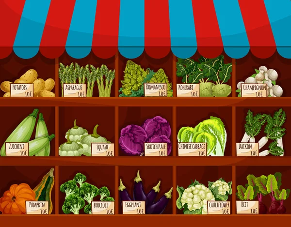 Tienda de mercado de alimentos con escaparate de verduras — Vector de stock