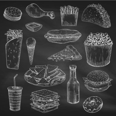 Yazı tahtası üzerinde fast food çizim tebeşir
