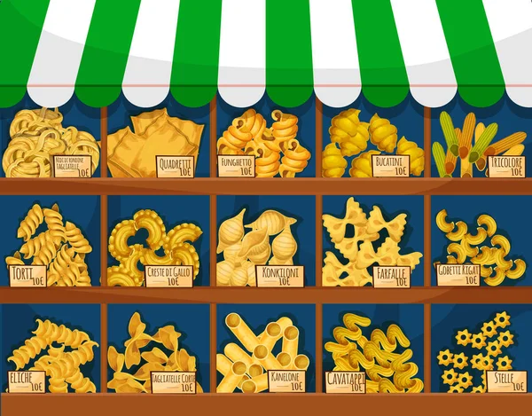 Markt teller met Italiaanse macaroni of pasta — Stockvector