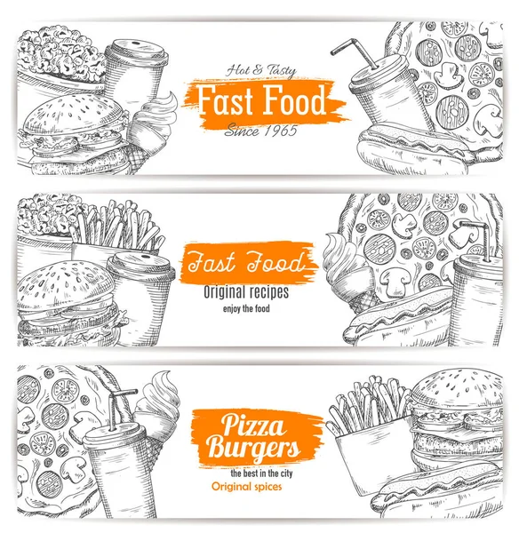 Fettige und ungesunde Fastfood-Banner-Skizze — Stockvektor