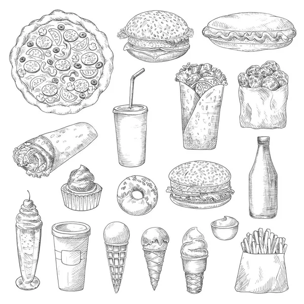 Bocetos aislados de comida rápida poco saludables — Vector de stock