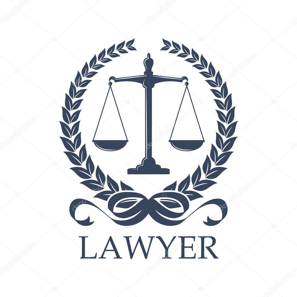 Lawyer sign of scale in laurel wreath. Weigher for justice and arbitrate or Libra. Prosecution and law defense balance, judgement and protection, lawsuit and human rights theme, advocacy or notary