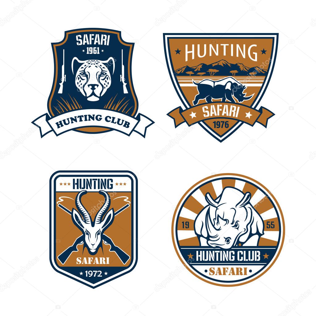 Hunting club emblems set. Hunter safari adventure icons and ribbons with wild african savanna animals cheetah panther or leopard, hippopotamus or rhino rhinoceros, gazelle or saiga antelope. Vector