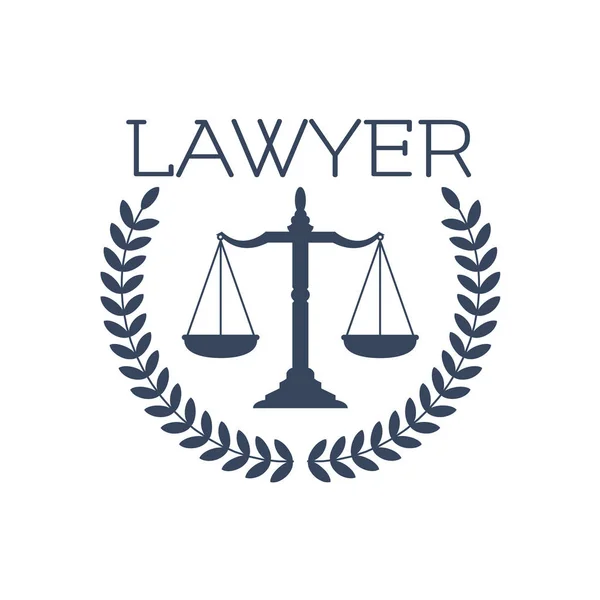 Ícone de advogado, escalas de justiça, emblema de coroa de louro —  Vetores de Stock