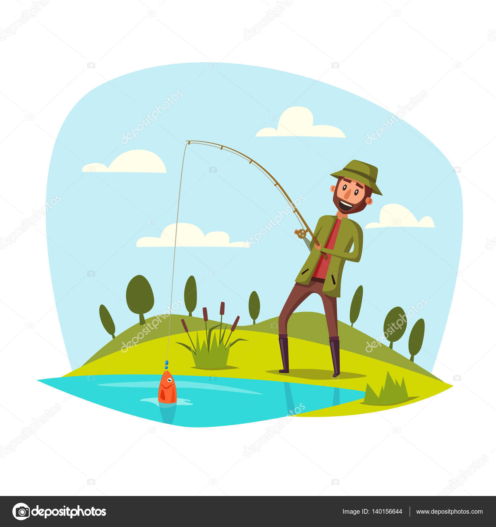 Man fishing with rod, catching vector fish on hook Stock Vector by  ©Seamartini 140156644