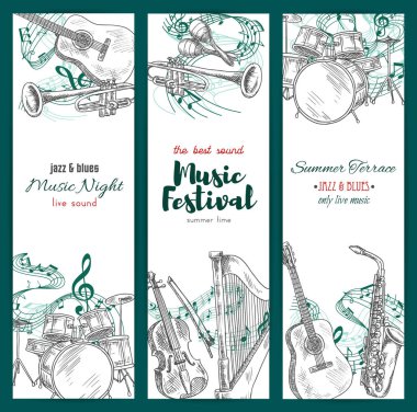 Jazz music festival banners, musical instruments clipart