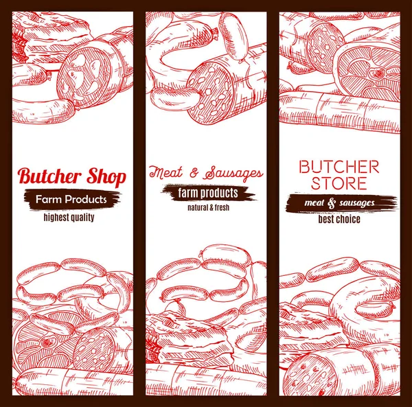Butchery rzeźnik sklep mięso wędliny banery szkicu — Wektor stockowy