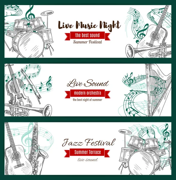Instrumentos musicales boceto jazz música banners — Vector de stock