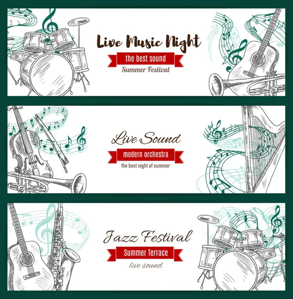 Musikinstrument skiss jazzmusik banners — Stock vektor