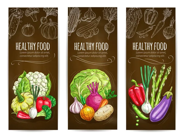 Gezonde vegetarische groenten schets banners — Stockvector