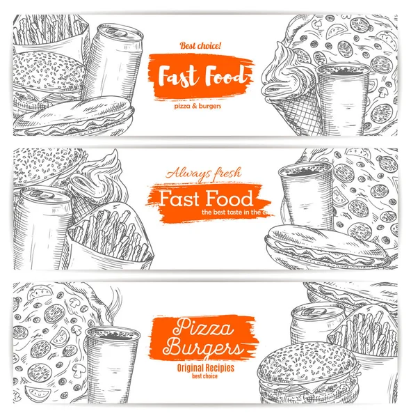 Fast food sketch banners burgers, pizza, sandwich — Stock Vector