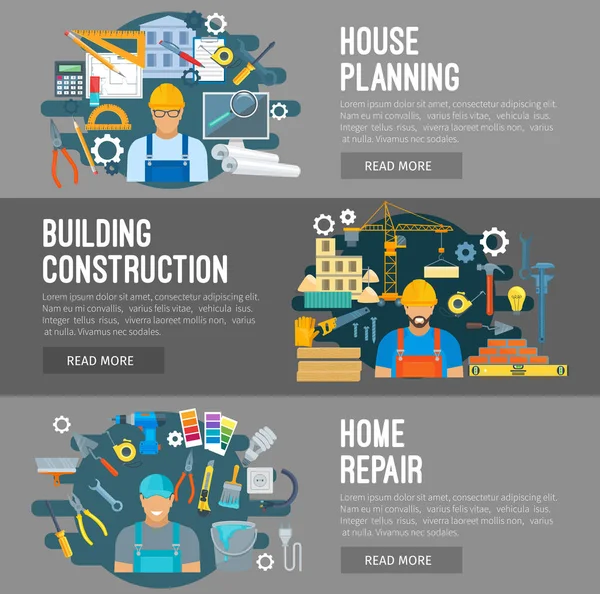 Construção de casa, reparação de construção banners planos — Vetor de Stock