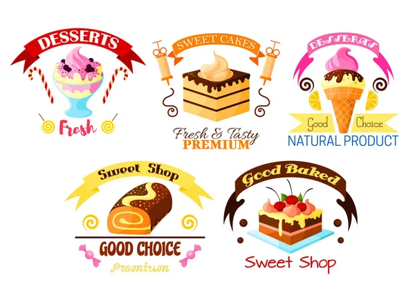 Dessert emblem set, cake, cupcake, ice cream icons — Stock Vector