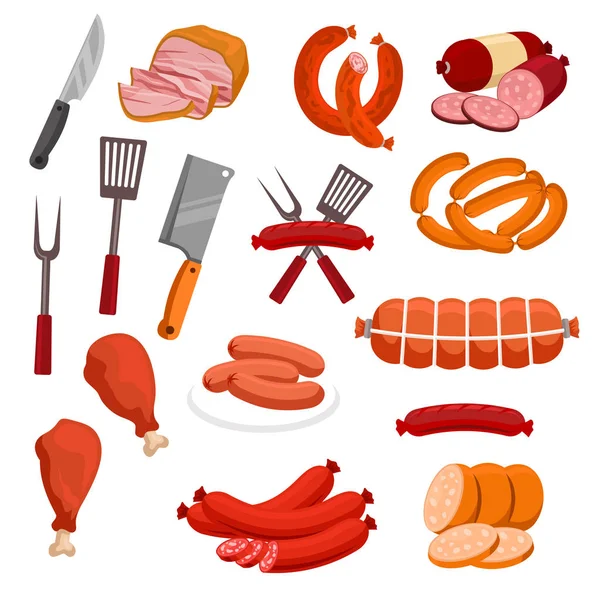 Slagerij vlees worst salami vector geïsoleerde pictogrammen — Stockvector