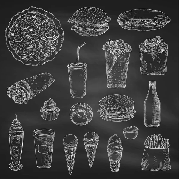 Fastfood krijt schets vector iconen op blackboard — Stockvector