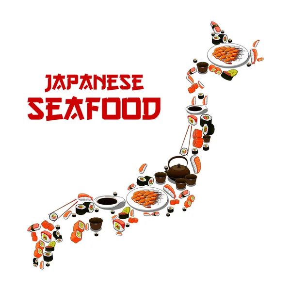 日本地図の日本海の幸寿司刺身の食品 — ストックベクタ