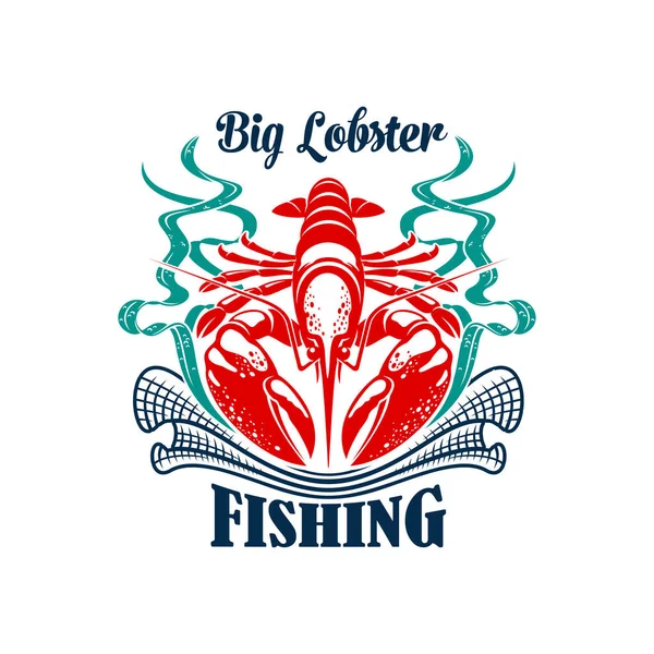 Icono de pesca o pesca emblema de langosta de mariscos — Vector de stock