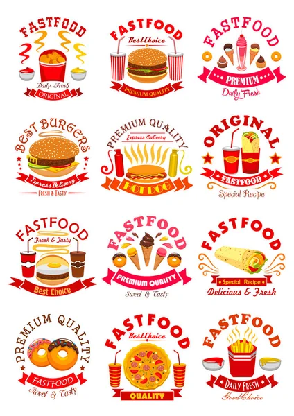 Fast Food meal set vector isolated icons, emblems — Stock Vector