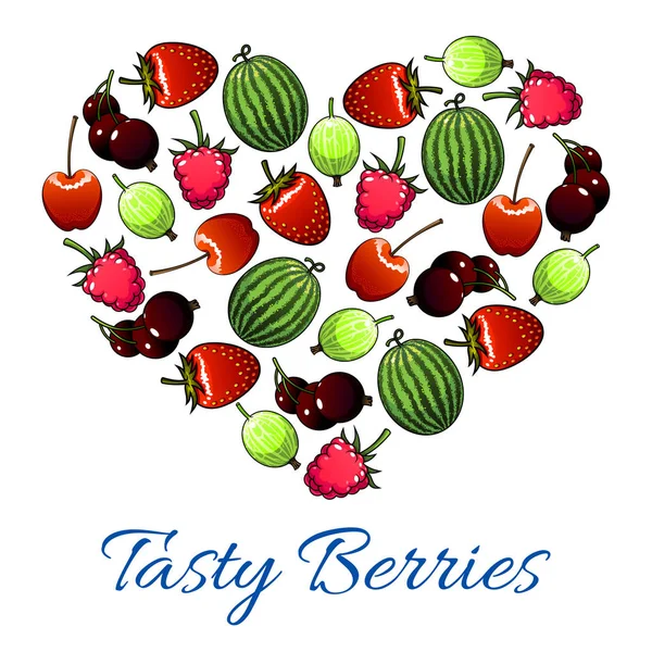 벡터 신선한 딸기와 과일의 심장 포스터 — 스톡 벡터