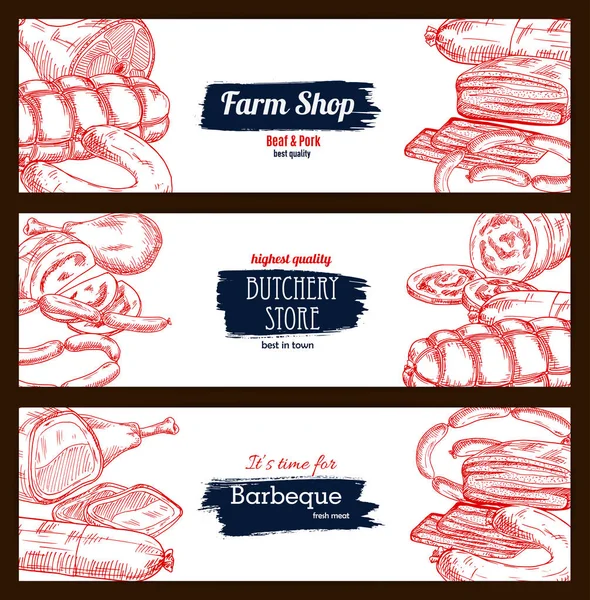 Butchery shop meat sausages banners sketch set — Stock Illustration Butchery shop meat sausages banners sketch set Vector Graphics