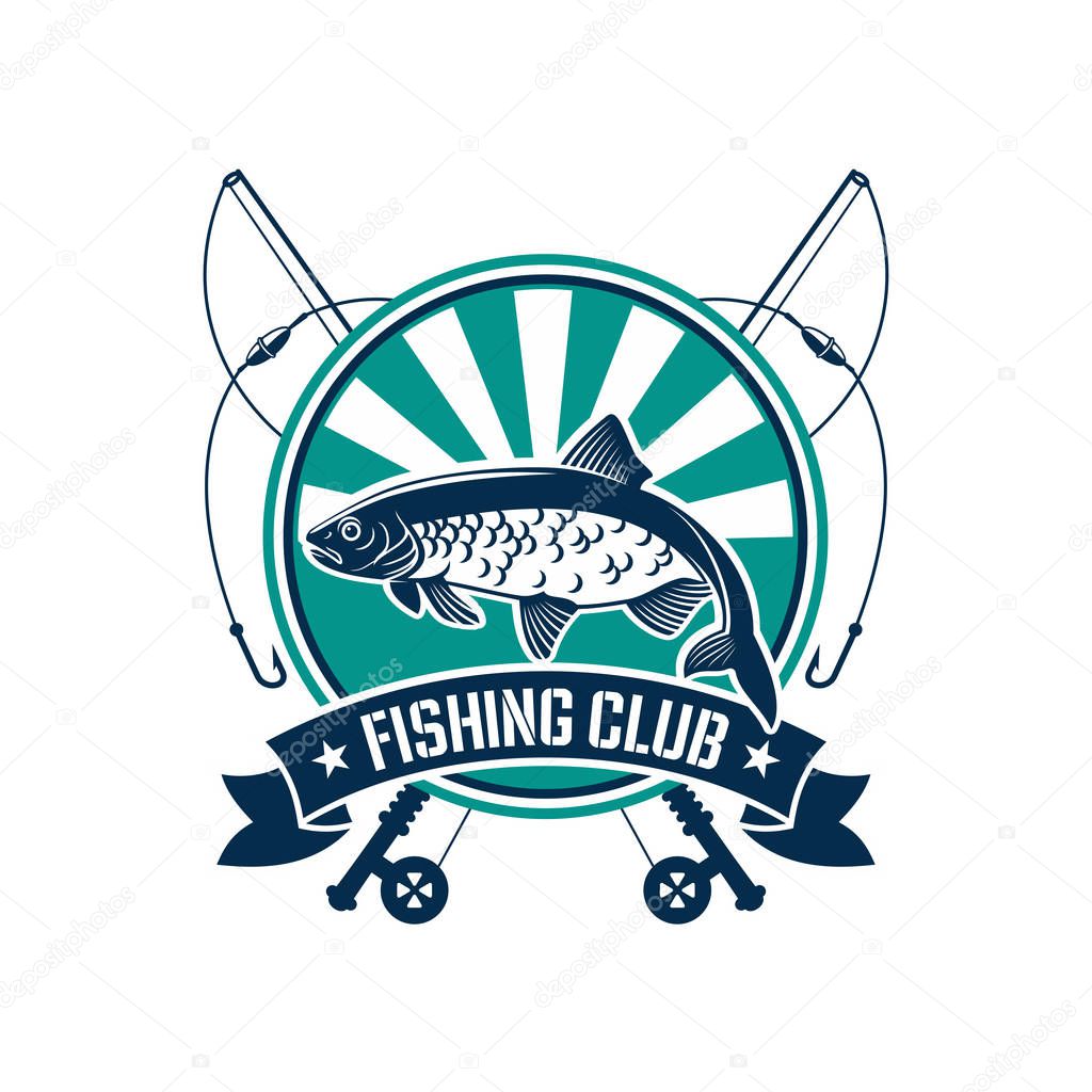 Fishing club icon or emblem. Fisherman sport adventure round badge with vector symbols of fishing rod with float and hook, river perch, crucian or trout fish with blue ribbon design