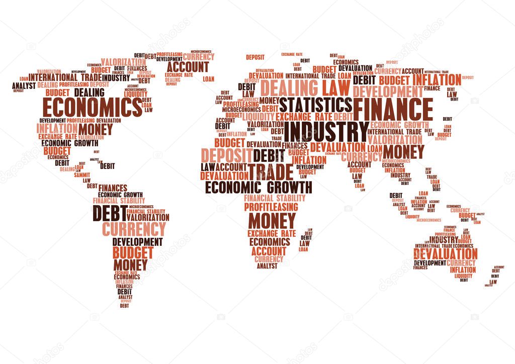 Business, finance word cloud tags, world map shape
