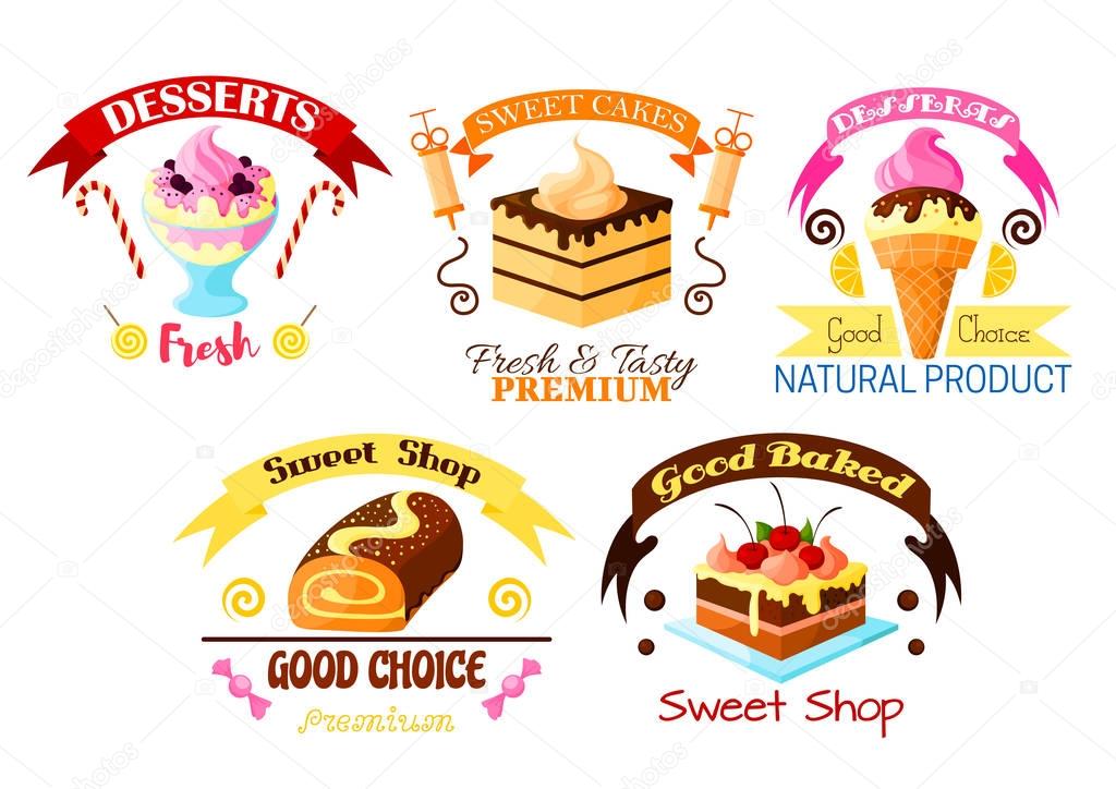 Pastry dessert icons set. Vector sweet ice cream, fruit cake and cupcake with fruits, glazed vanilla tart with whipped cream, chocolate roll pie. Vector candy, lollipop, marmalade fondant, ribbons for